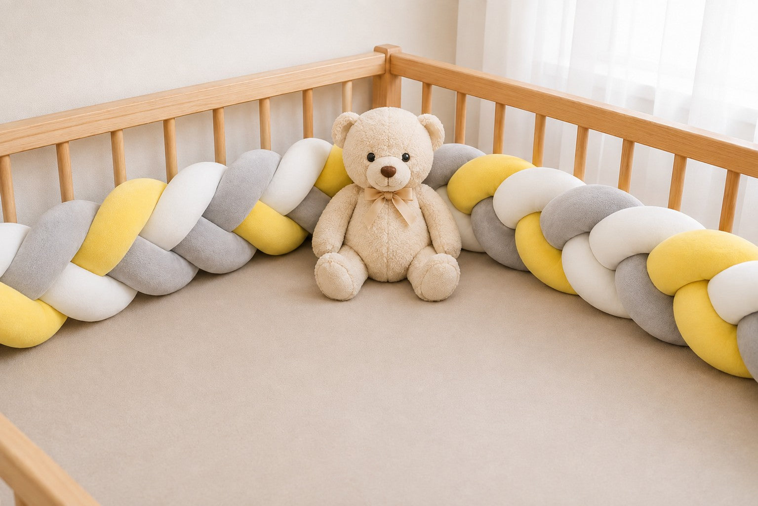 Tresse de lit bébé jaune gris blanc en tissu au toucher velours