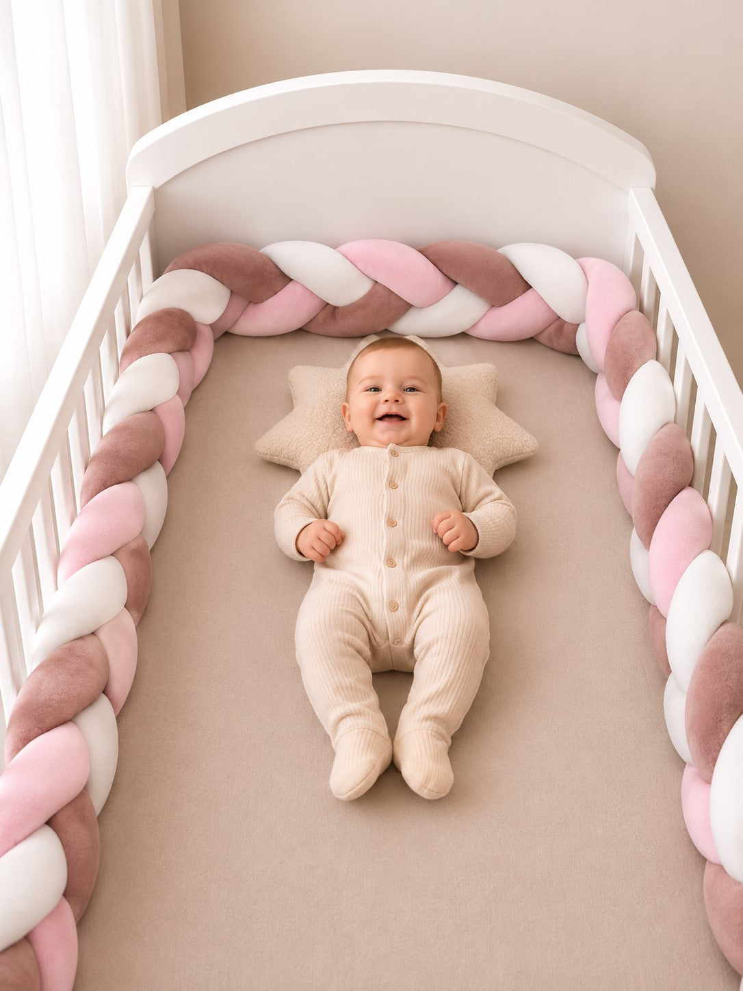 Tresse de lit bébé rose, blanc et vieux rose en tissu velours, douce et moelleuse