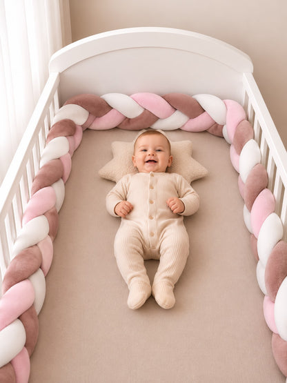 Tresse de lit bébé rose, blanc et vieux rose en tissu velours, douce et moelleuse
