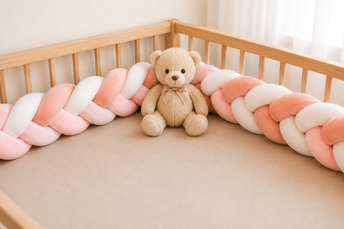 Bébé allongé dans un lit avec un tour de lit tressé rose, blanc et vieux rose